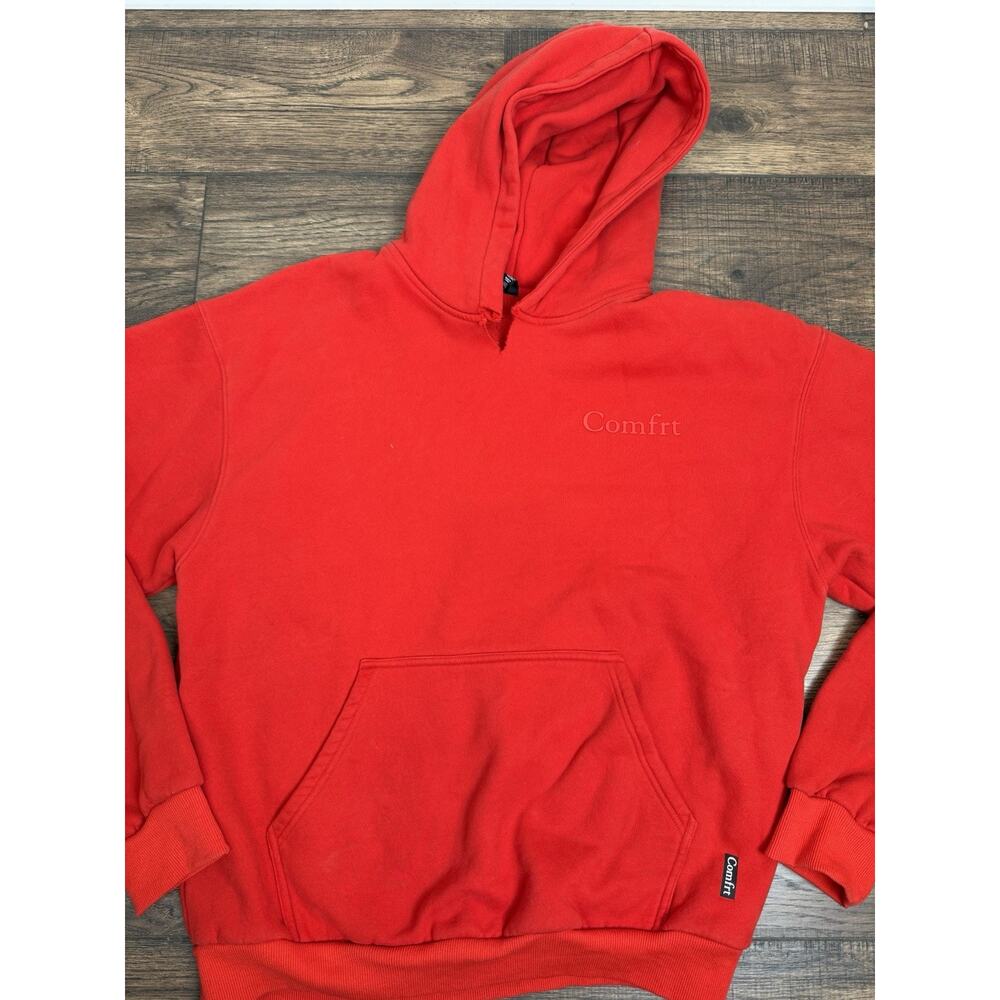 Comfrt Men's Red Fleece Pullover Hoodie Pockets Logo Sz XL READ - Picture 2 of 7